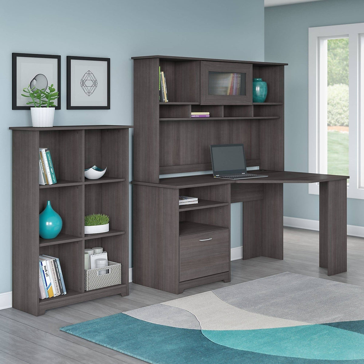 Heather Gray Corner Desk with Hutch and 6 Cube Organizer T7981