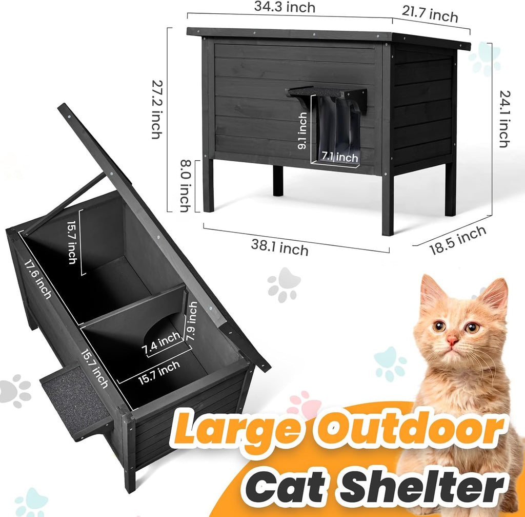 Outdoor Cat House Weatherproof Insulated Foam Wooden Cat Condos with PVC Door Flaps G44092