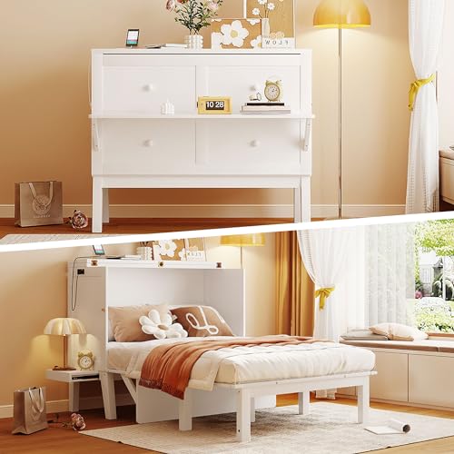 Full Size Murphy Bed with Desk, USB Port, and Shelves, White Wood Frame Z18160