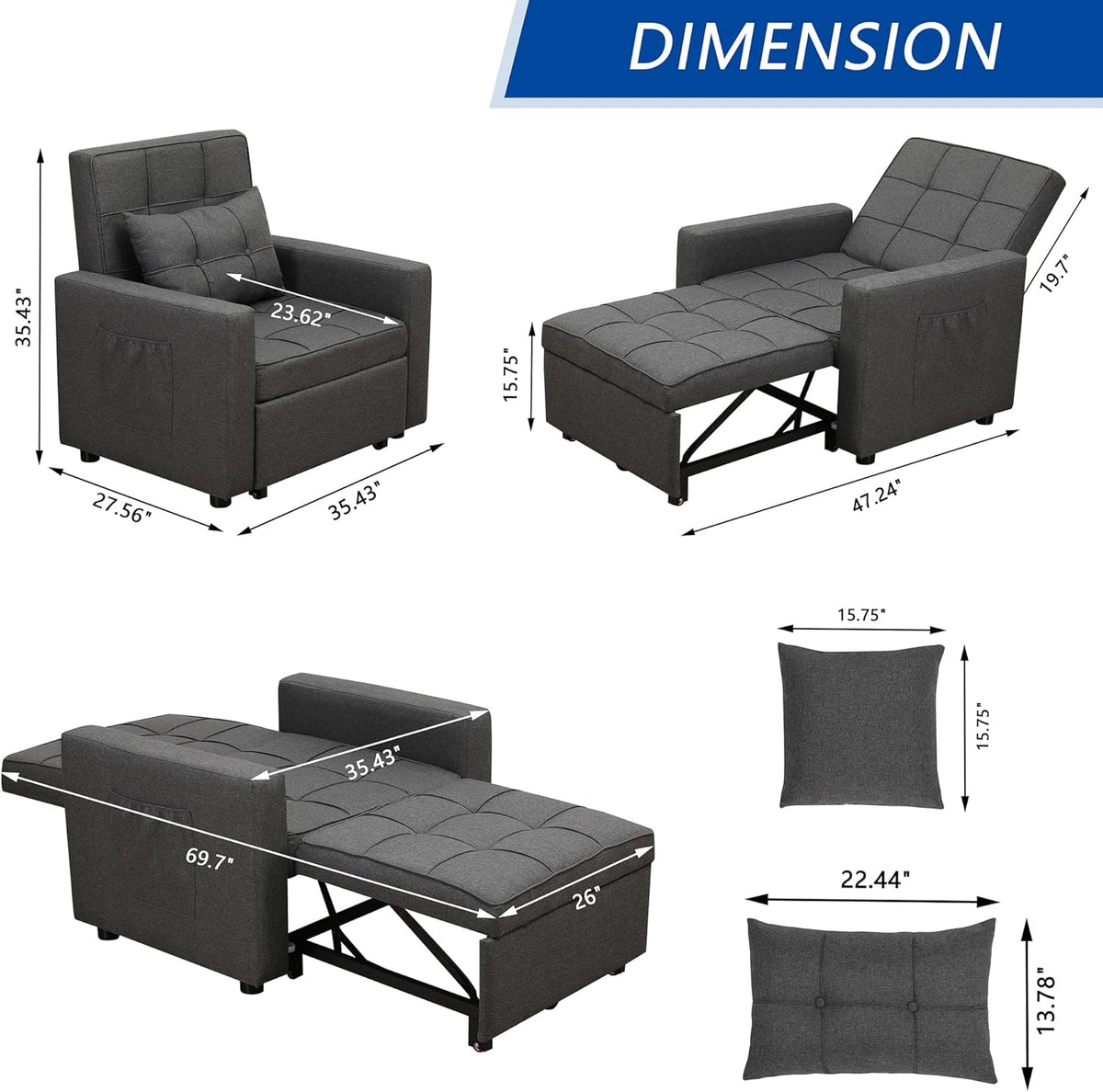 Dark Grey 3-in-1 Folding Sleeper Chair Bed M4200