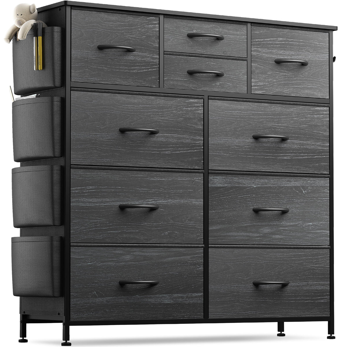 Black 10 Drawer Fabric Dresser with Wood Top I8955