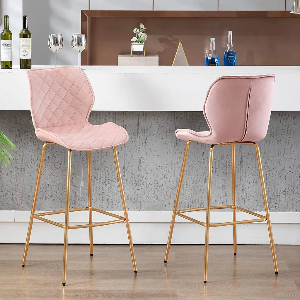 Velvet Bar Stool with Back Set of 2, Gold Metal Legs, Salmon Pink C415