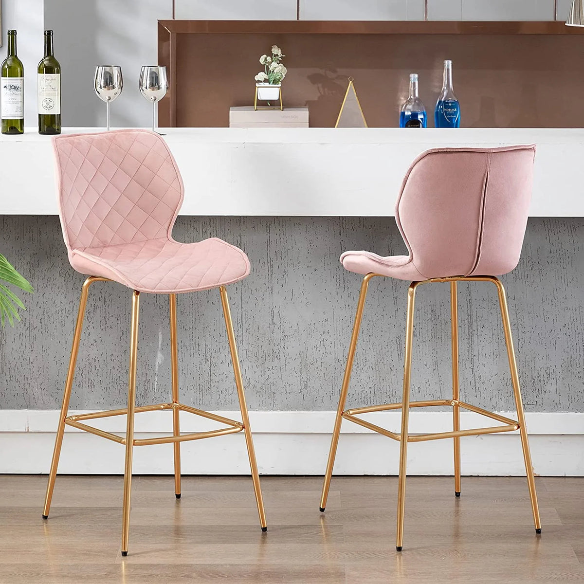 Velvet Bar Stool with Back Set of 2, Gold Metal Legs, Salmon Pink C415