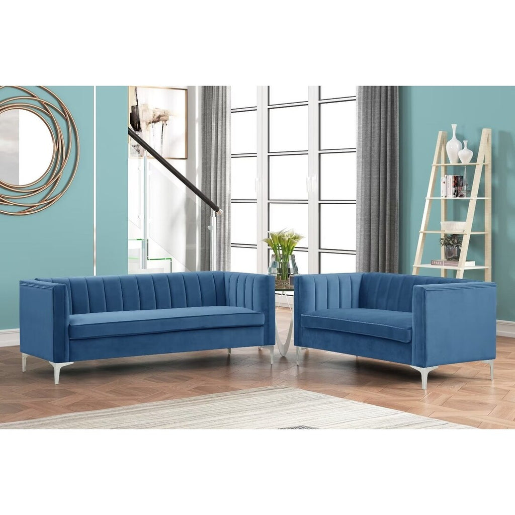 Grey Dutch Velvet Loveseat and Sofa Couch Set with Iron Legs U347615
