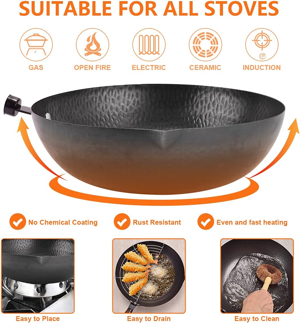 13 PCS Carbon Steel Wok Set with Wooden Lid & Utensils I222551
