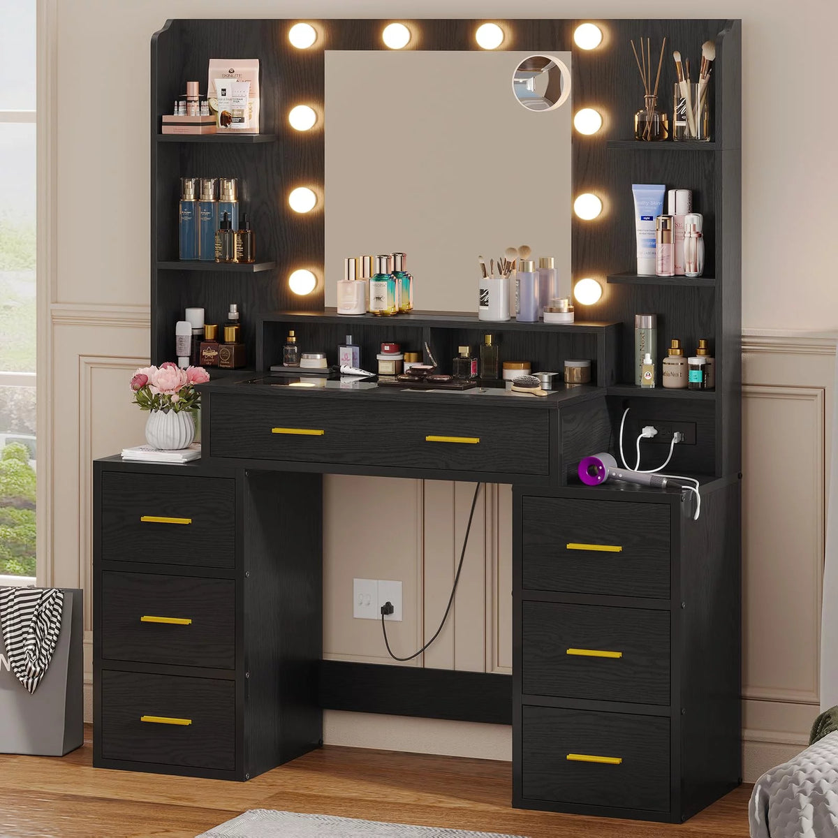 Black Vanity Desk with Mirror and Lights, Glass Top, Charging Station, 8 Drawers X312