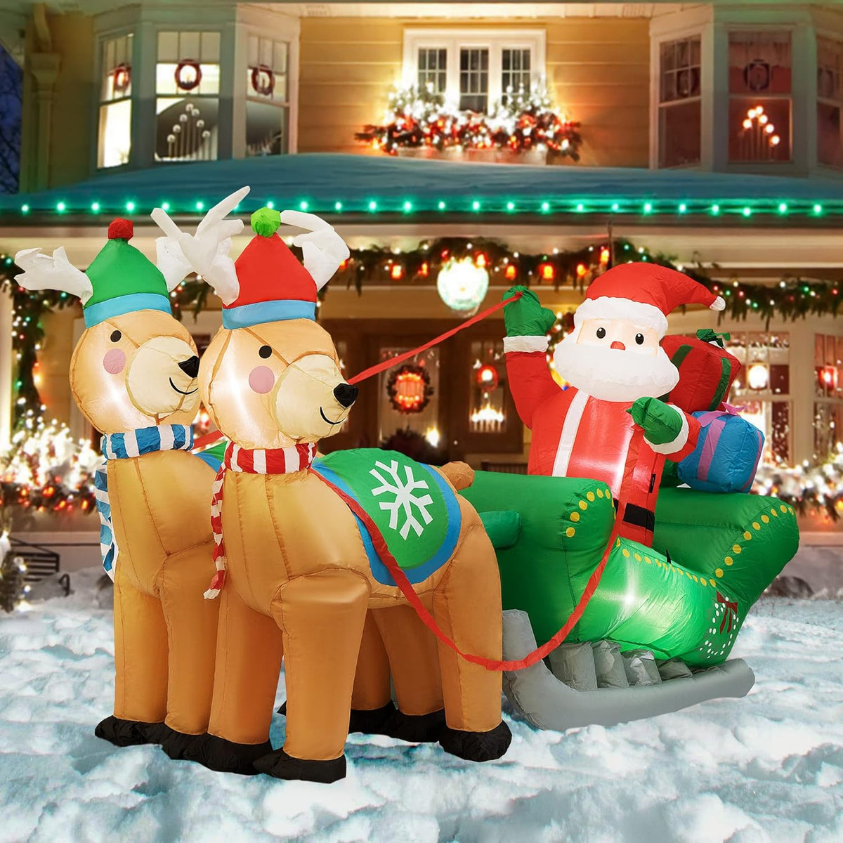 6.9ft Long Christmas Inflatable LED Lighted Santa on Green Sleigh with Reindeers and Gift Boxes Blow up Outdoor Yard Decoration B8555