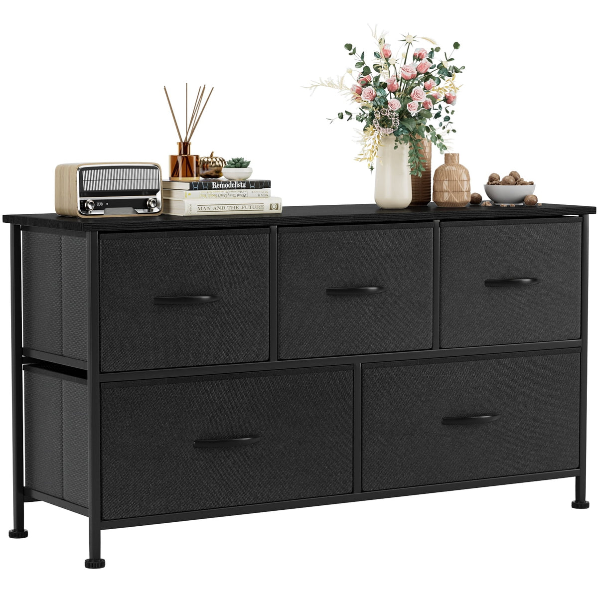 Black 5 Drawer Fabric Dresser B41251