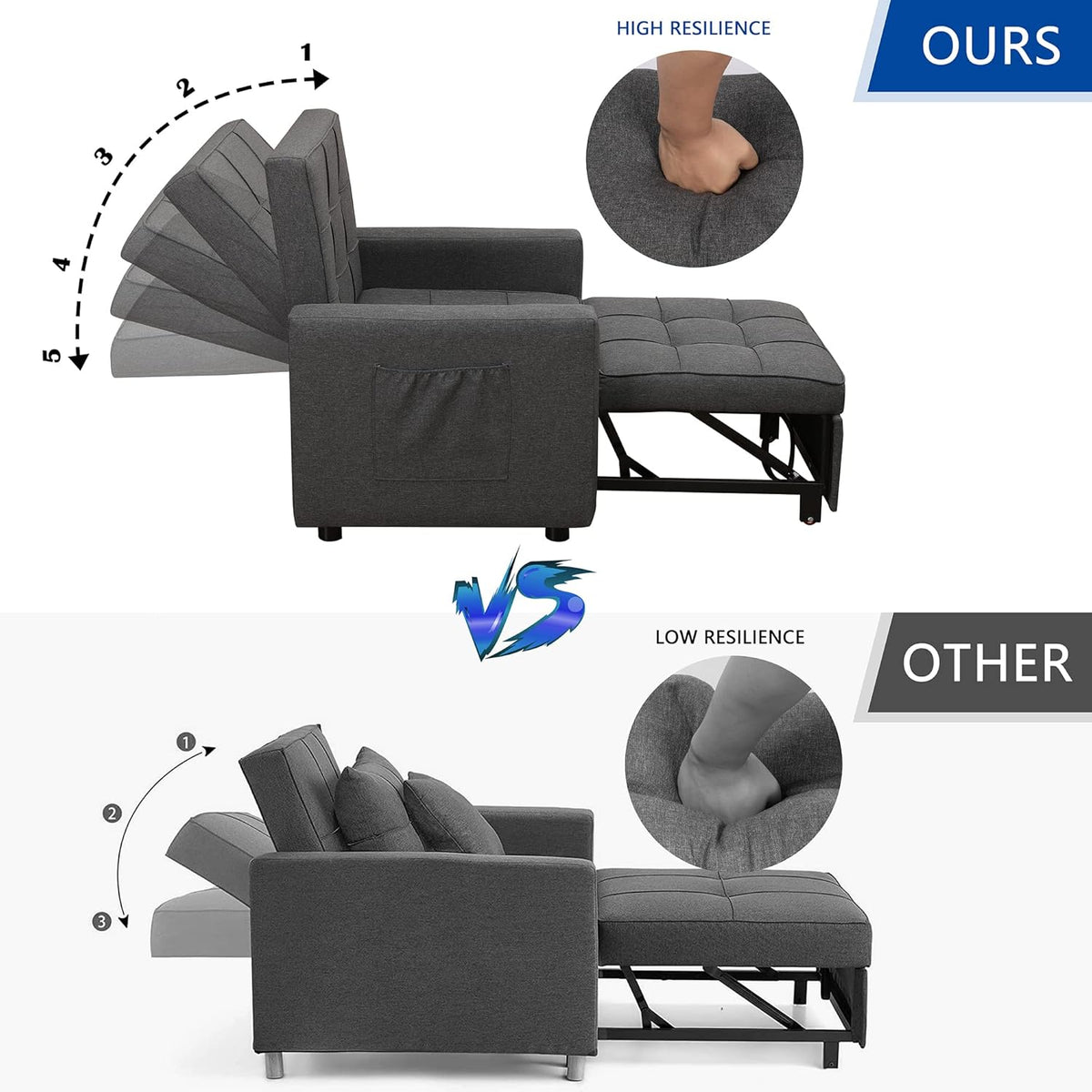 Dark Grey 3-in-1 Folding Sleeper Chair Bed M4200