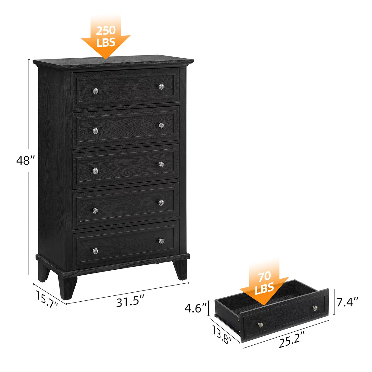 Black 5 Drawer Dresser L810
