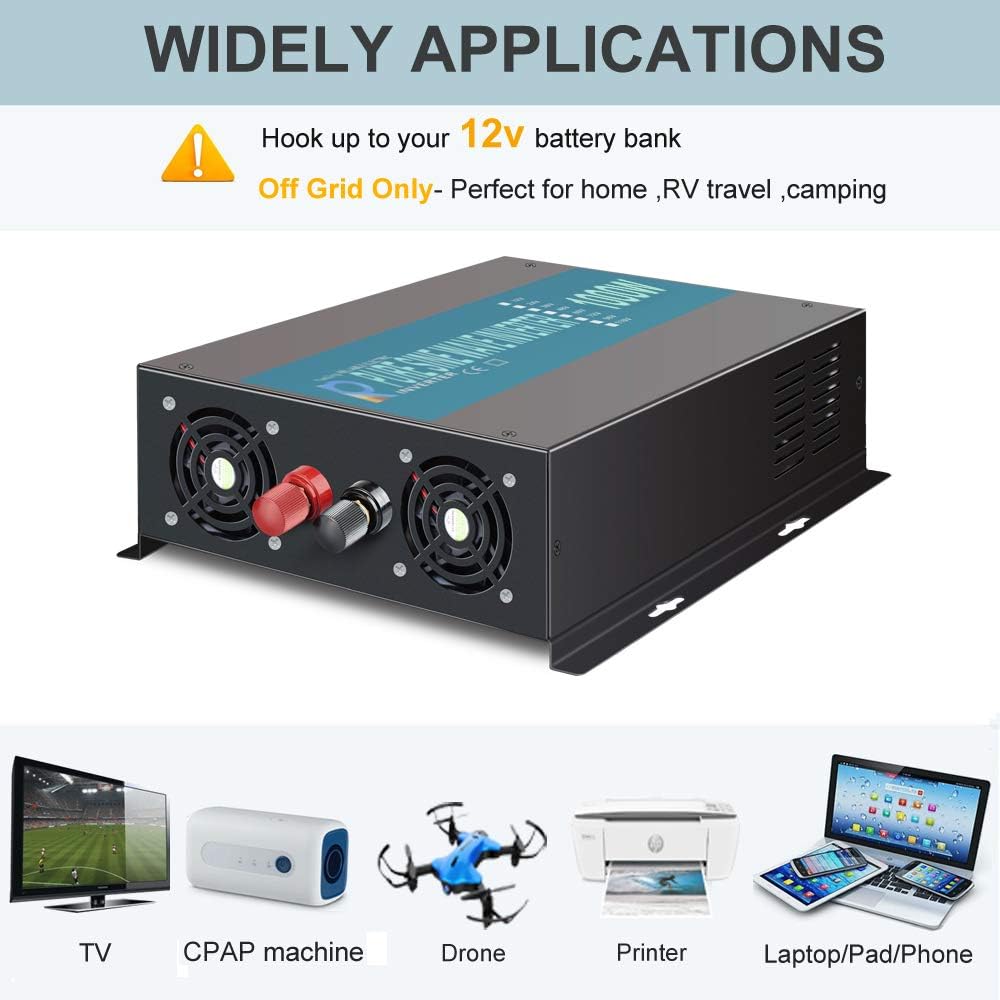 1000W Pure Sine Wave Car Power Inverter 12V DC to 120V AC with 2 AC Outlets E949380