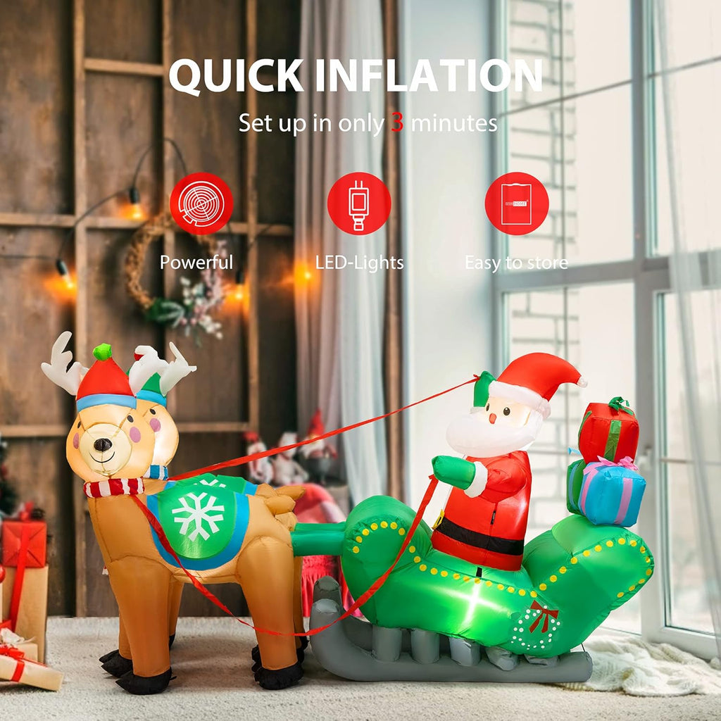 6.9ft Long Christmas Inflatable LED Lighted Santa on Green Sleigh with Reindeers and Gift Boxes Blow up Outdoor Yard Decoration B8555