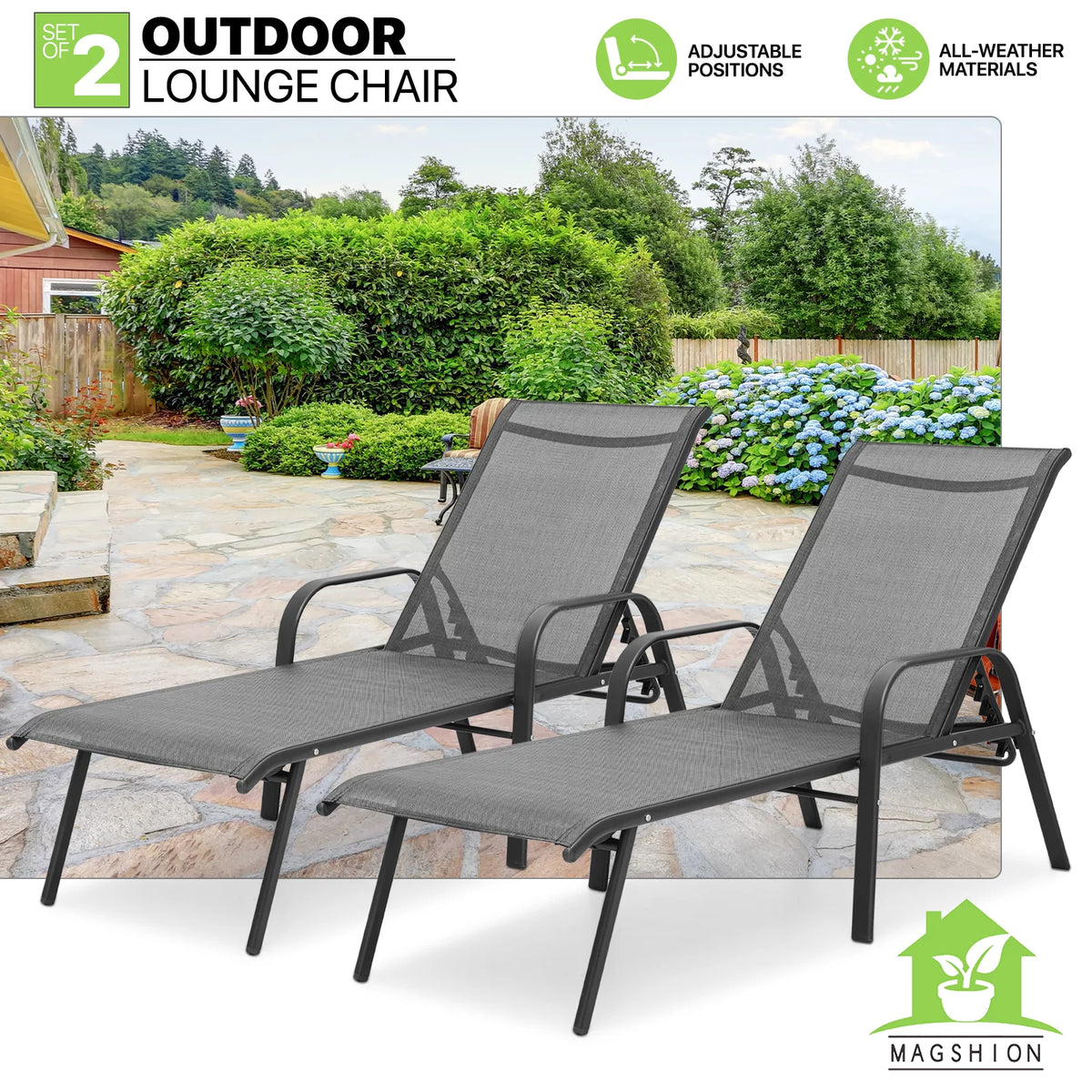 Set of 2 Grey Patio Lounge Chairs with Adjustable Backrest Y328600