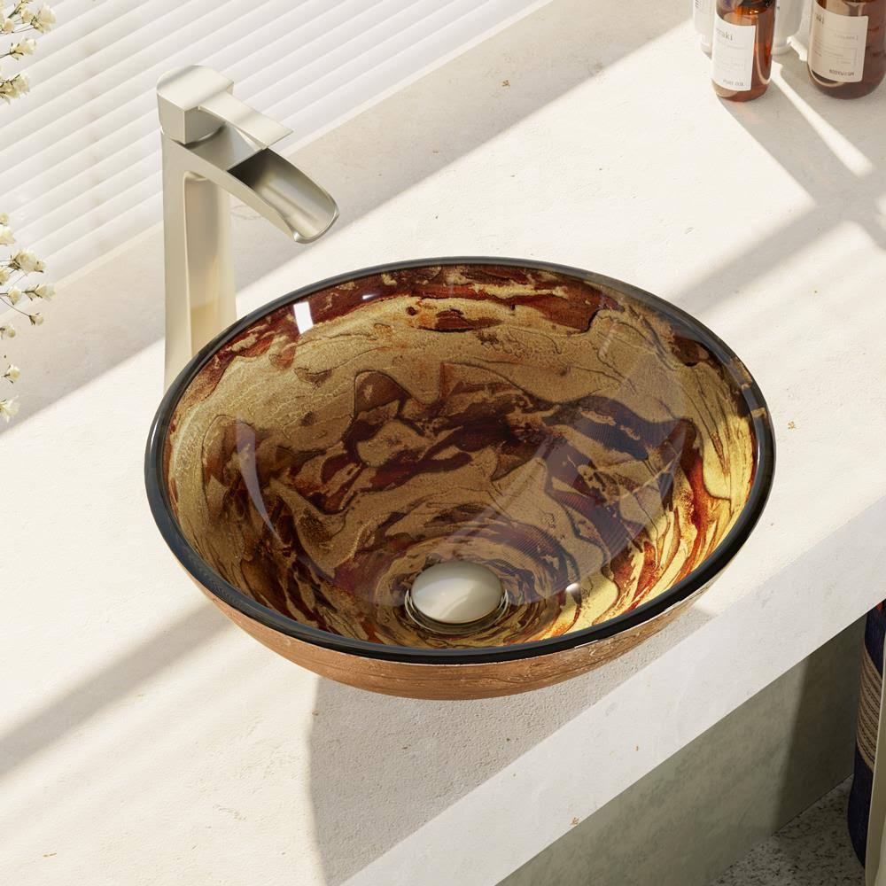 Glass Vessel Sink with Faucet, Sink Ring, and Pop-Up Drain L8464
