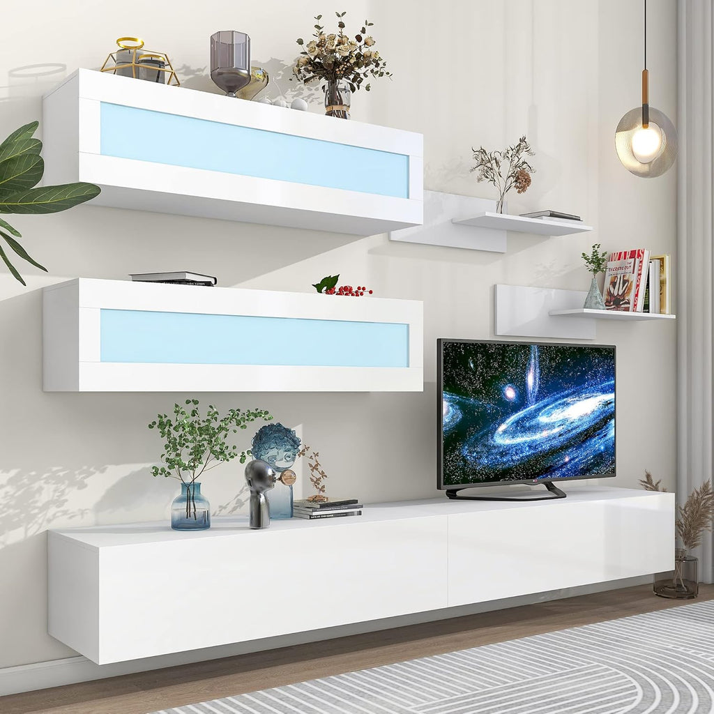 Wall Mount Floating Entertainment Center with 4 Storage Cabinets and 2 Shelves, High Gloss TV Stand N8790