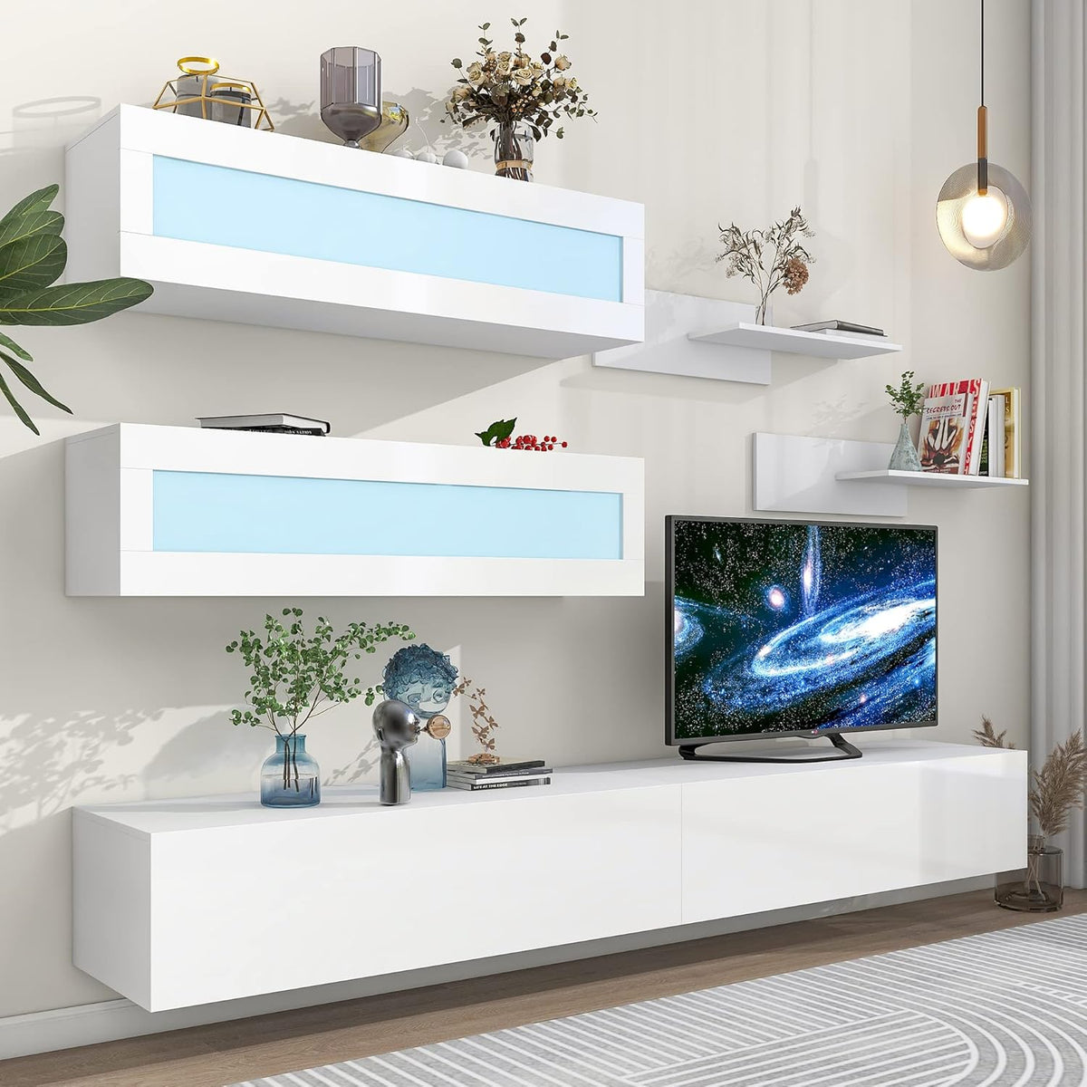 Wall Mount Floating Entertainment Center with 4 Storage Cabinets and 2 Shelves, High Gloss TV Stand N8790