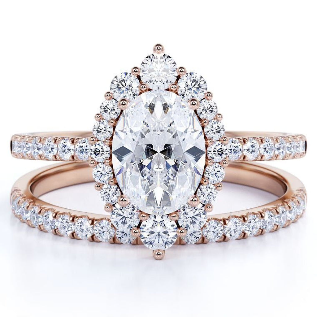 Vintage Oval Cut Real Diamond Pave Wedding Ring Set in 10k Rose Gold L798