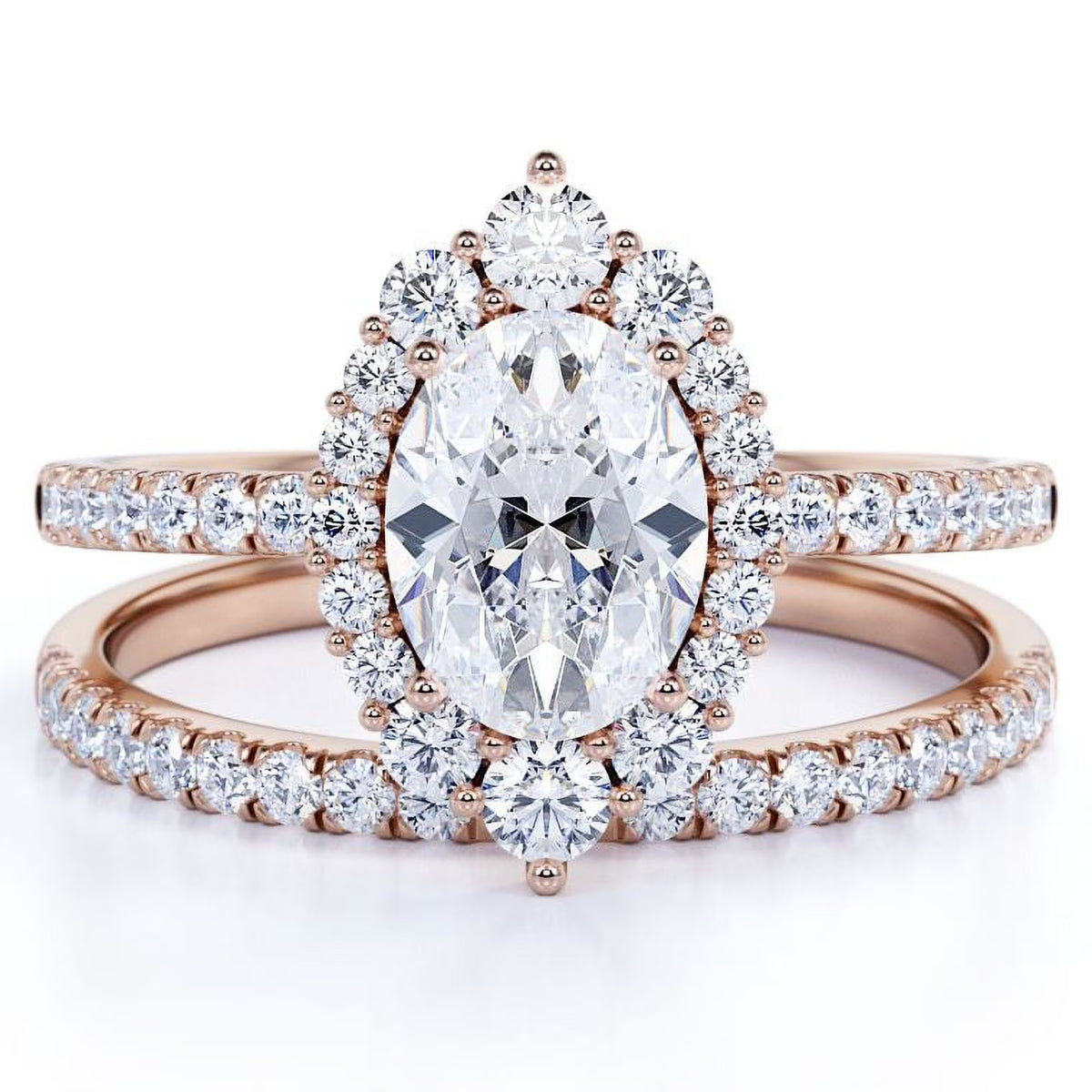 Vintage Oval Cut Real Diamond Pave Wedding Ring Set in 10k Rose Gold L798