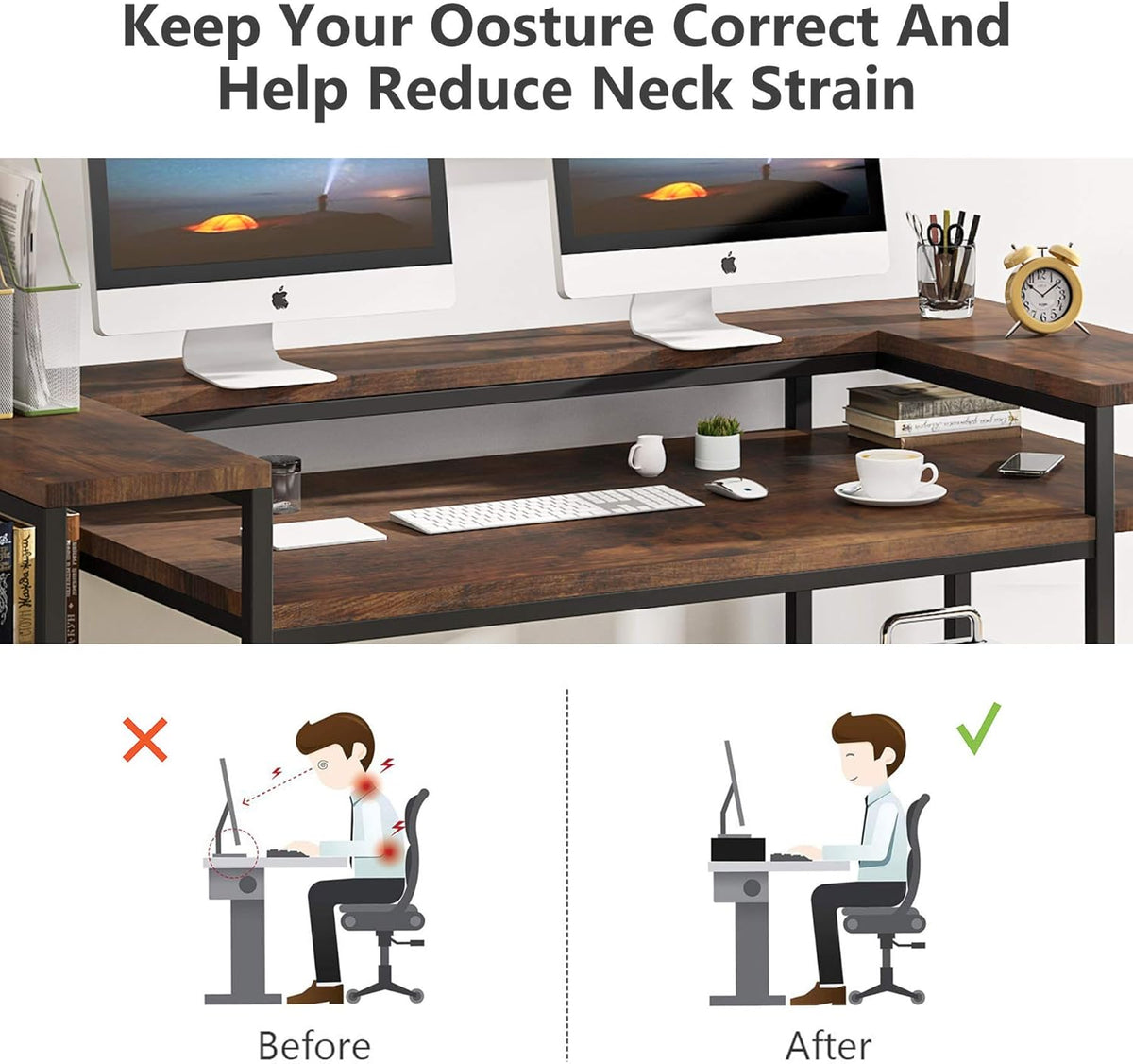 63 inch Computer Desk with Open Storage Shelves, Monitor Shelf & CPU Stand, Rustic Brown Y9491
