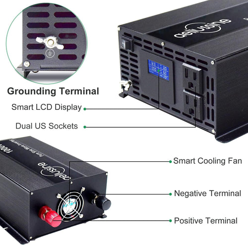 1000w Pure Sine Wave Power Inverter 48v DC to AC 110v 120v with 2 US Socket, LCD Display and Earth Terminal Y65793