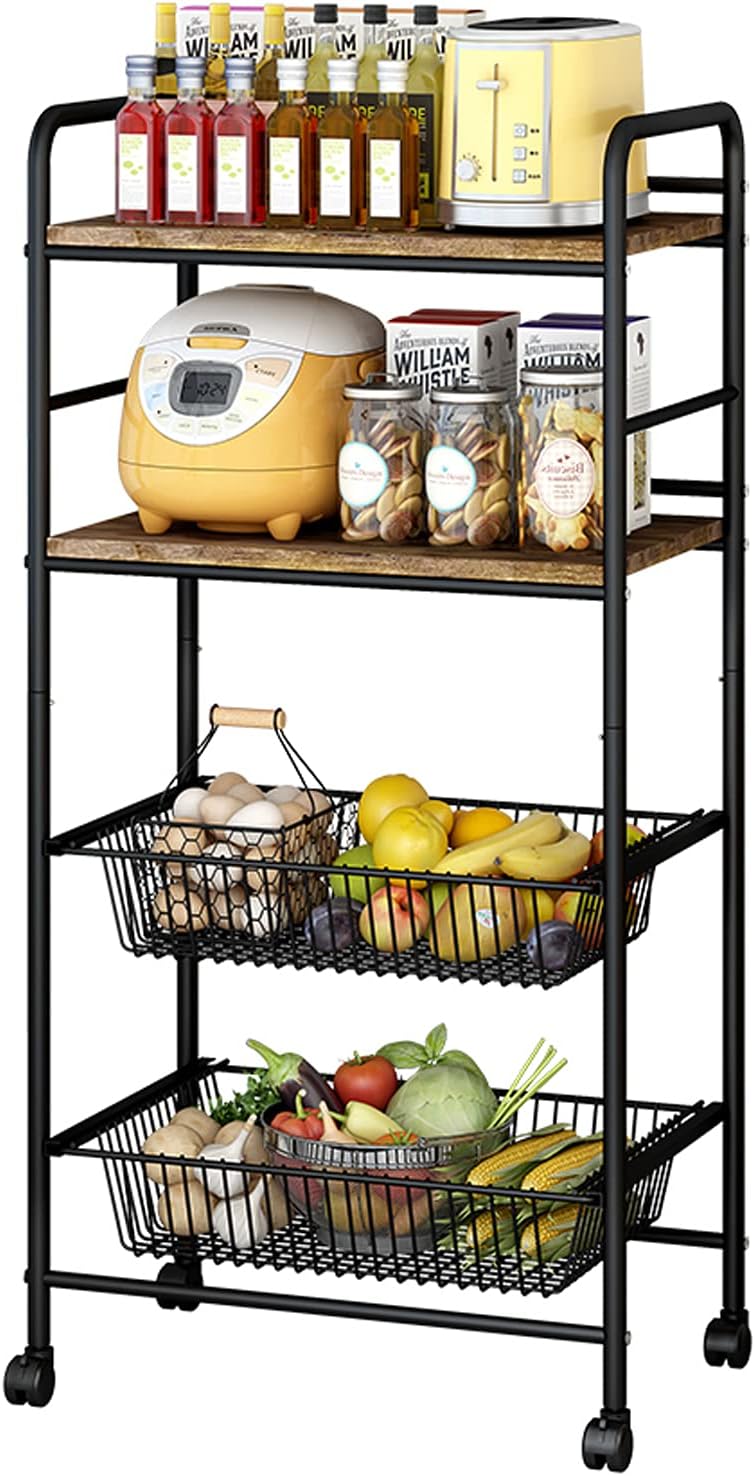 Black 4-Tier Rolling Kitchen Cart with 2 Basket Drawers K191