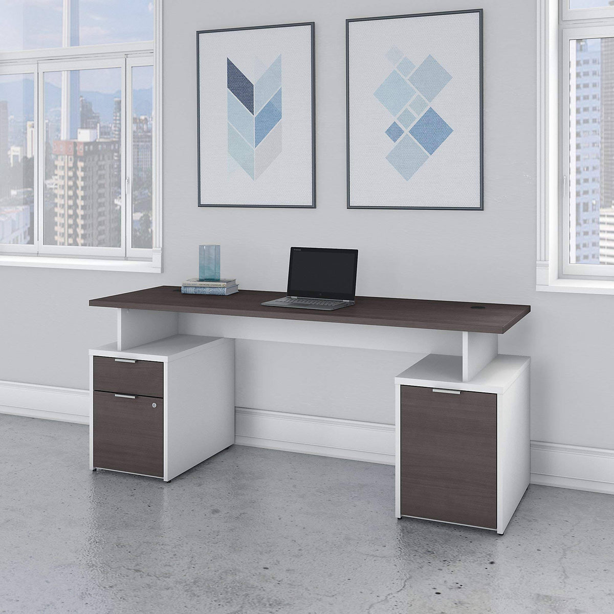 72w Desk with Drawers and Small Storage Cabinet Storm Gray/White M954633