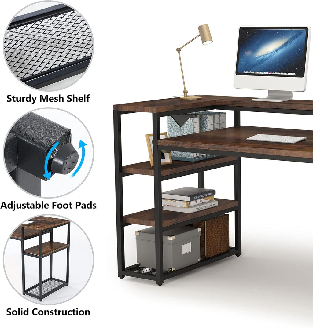 63 inch Computer Desk with Open Storage Shelves, Monitor Shelf & CPU Stand, Rustic Brown Y9491