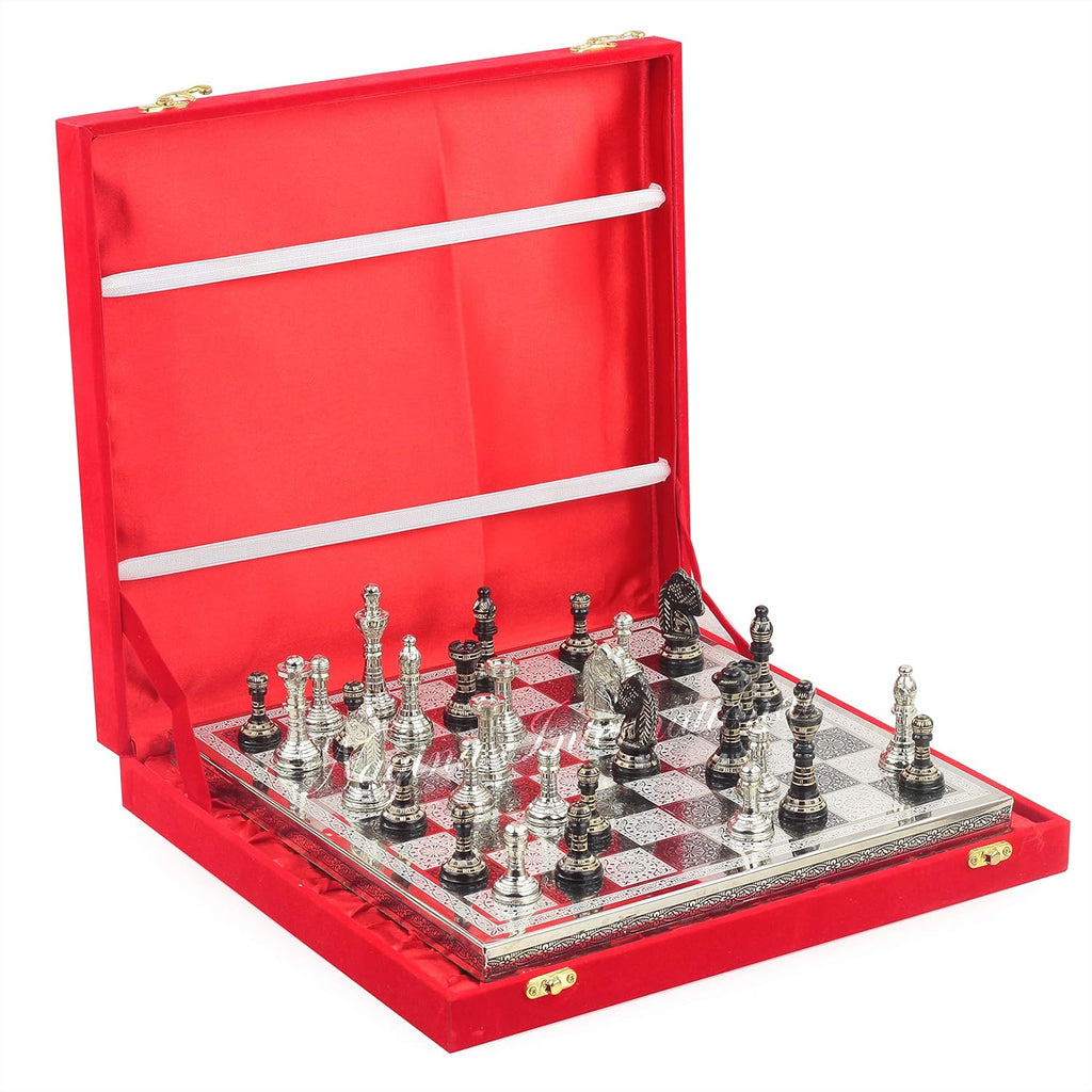 Solid Brass Black Chess Set with Red Velvet Storage Case Q1878
