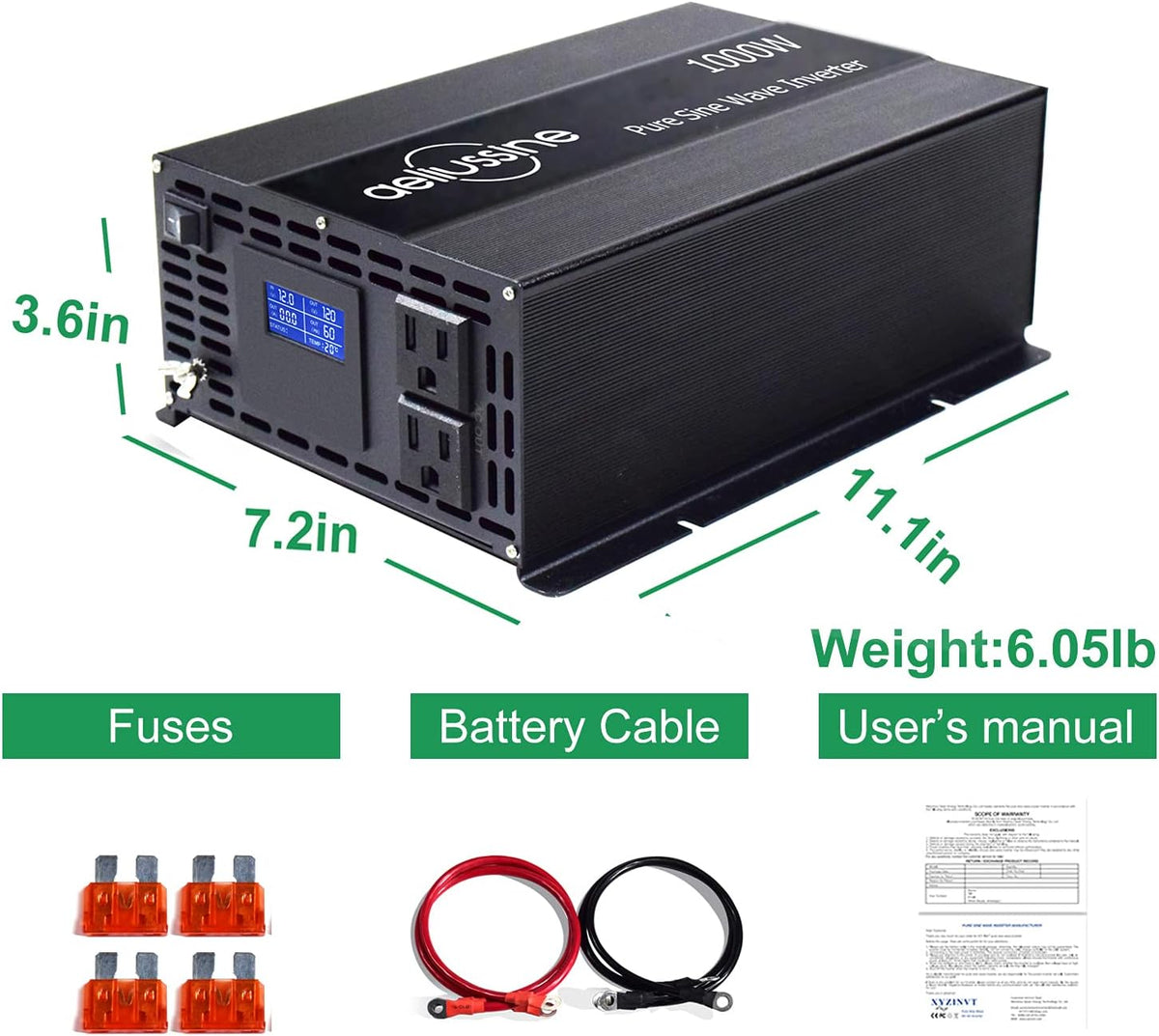 1000w Pure Sine Wave Power Inverter 48v DC to AC 110v 120v with 2 US Socket, LCD Display and Earth Terminal Y65793