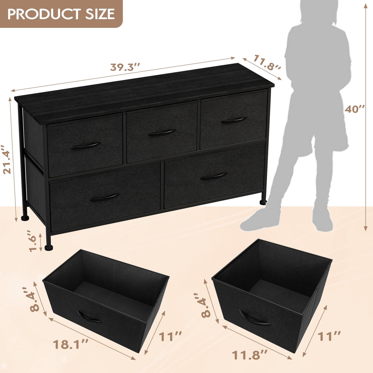 Black 5 Drawer Fabric Dresser with Wood Top M953409