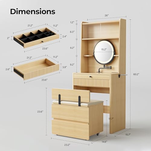 Oak Vanity Desk with Adjustable Mirror and LED Lights E7176