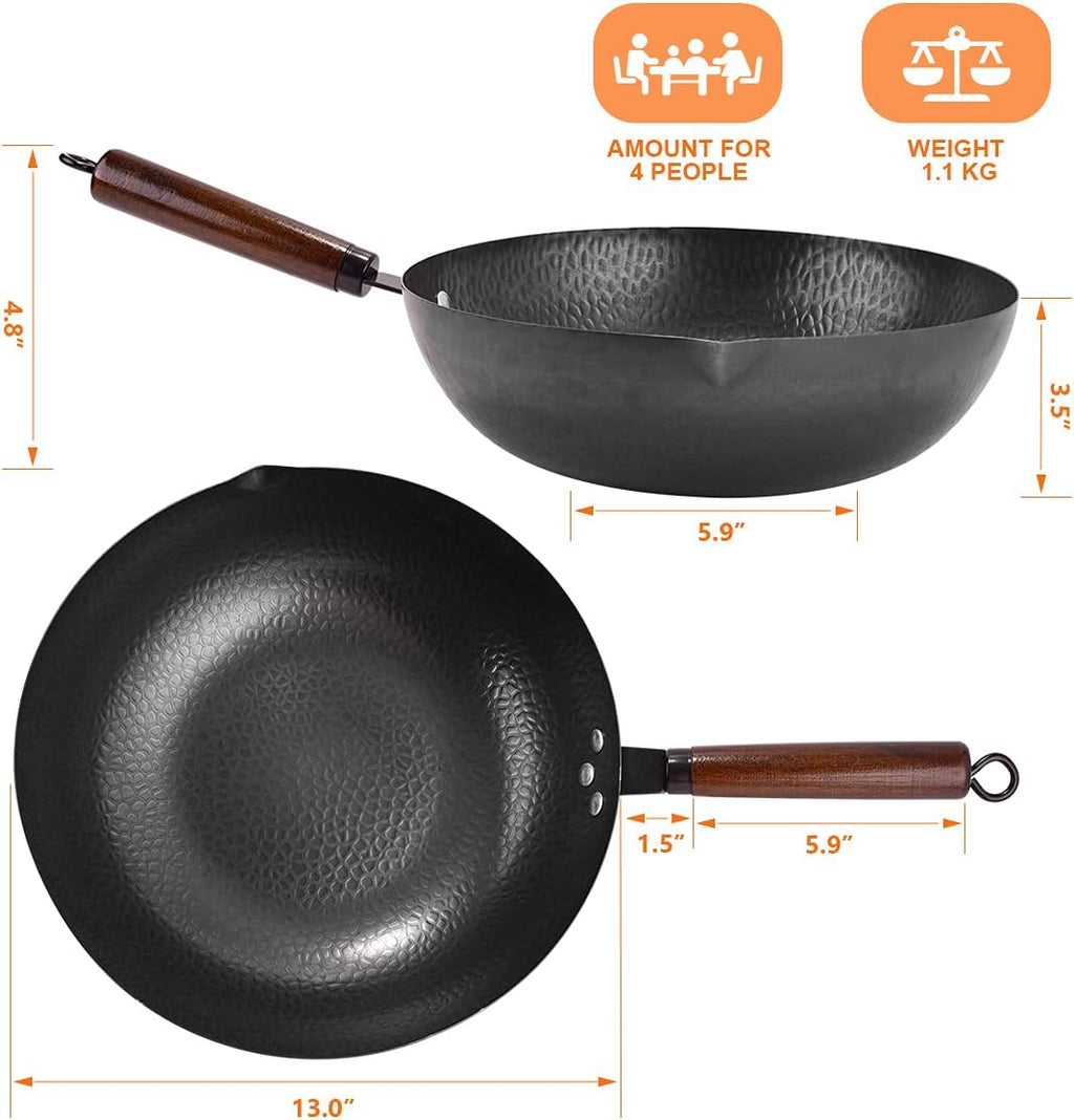 13 PCS Carbon Steel Wok Set with Wooden Lid & Utensils I222551
