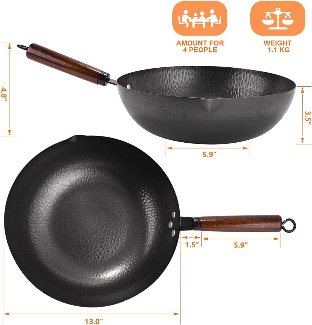 13 PCS Carbon Steel Wok Set with Wooden Lid & Utensils I222551