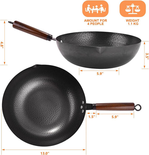 13 PCS Carbon Steel Wok Set with Wooden Lid & Utensils I222551