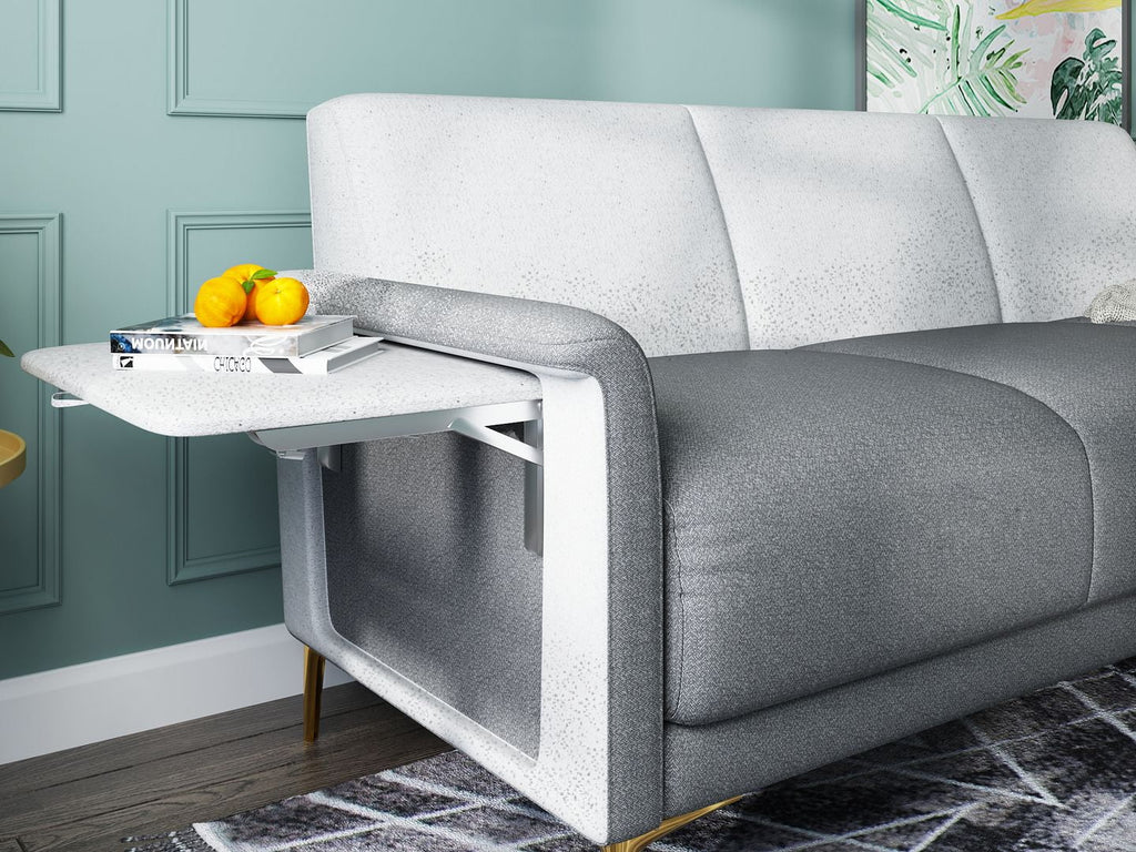 Transitional Futon Sofa with Foldable Tables, Upholstered in Linen with Flared Arms, Golden Metal Legs T170824