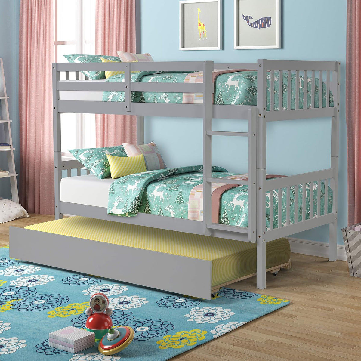 Full Over Full Pine Wood Bunk Bed with Trundle and Guardrail E1308