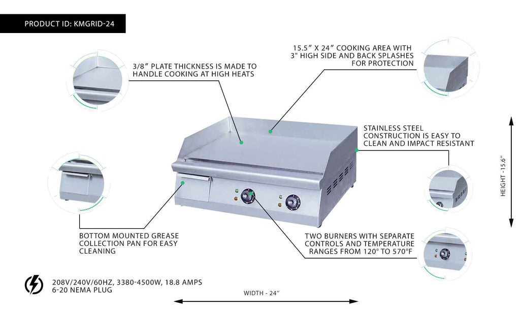 Commercial Electric Griddle 24x22 Countertop 240V 3570W G990249