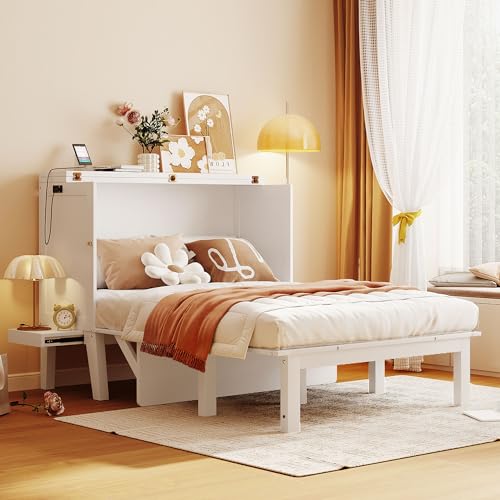 Full Size Murphy Bed with Desk, USB Port, and Shelves, White Wood Frame Z18160