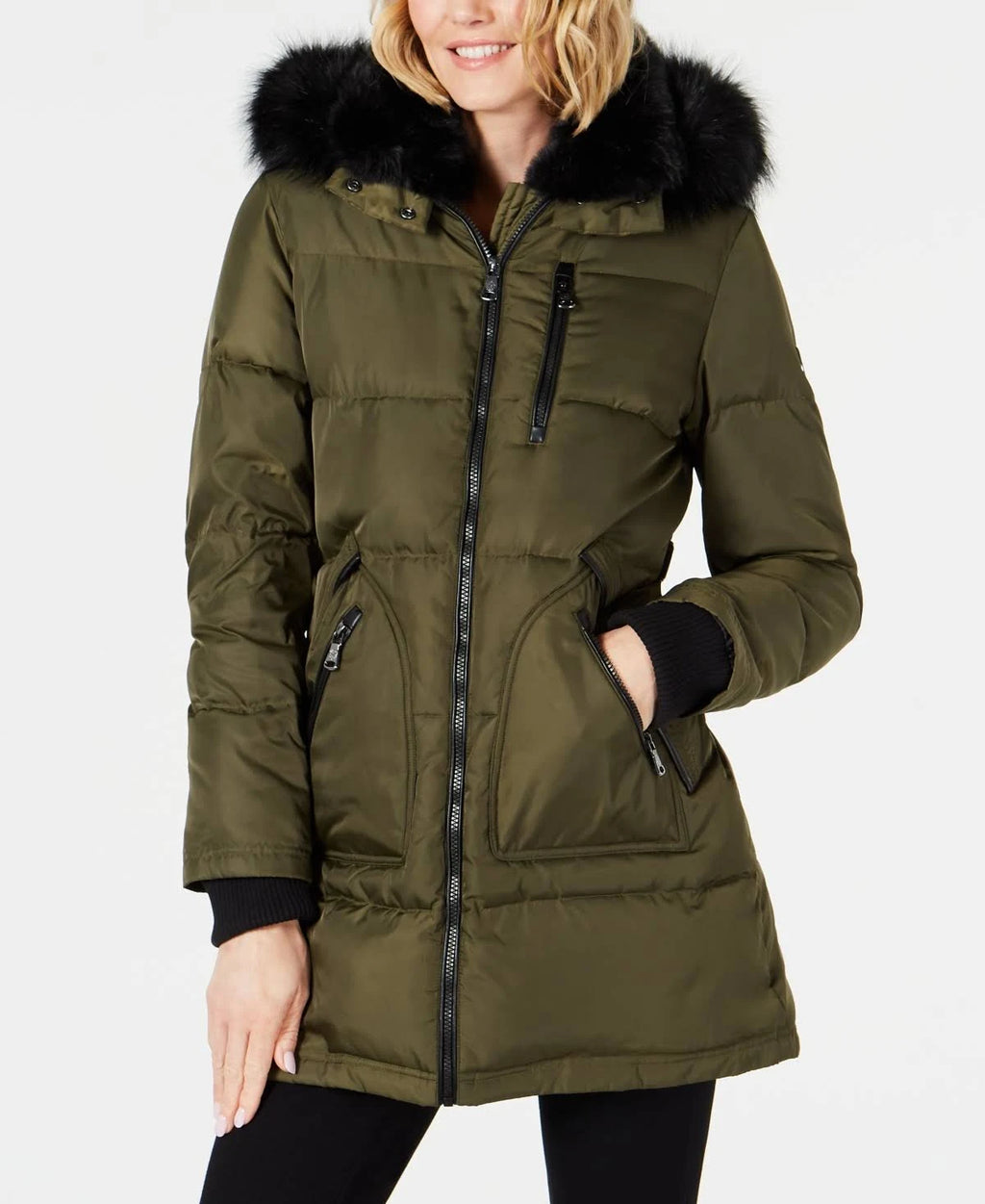 Olive Faux-Fur-Trim Down Puffer Coat J923449