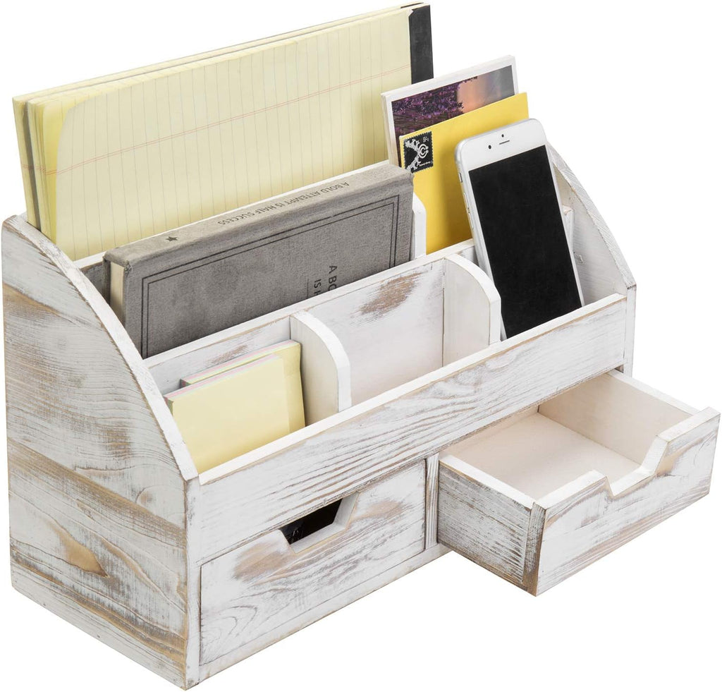 Whitewashed Wood Desktop Organizer with 6 Compartments C657