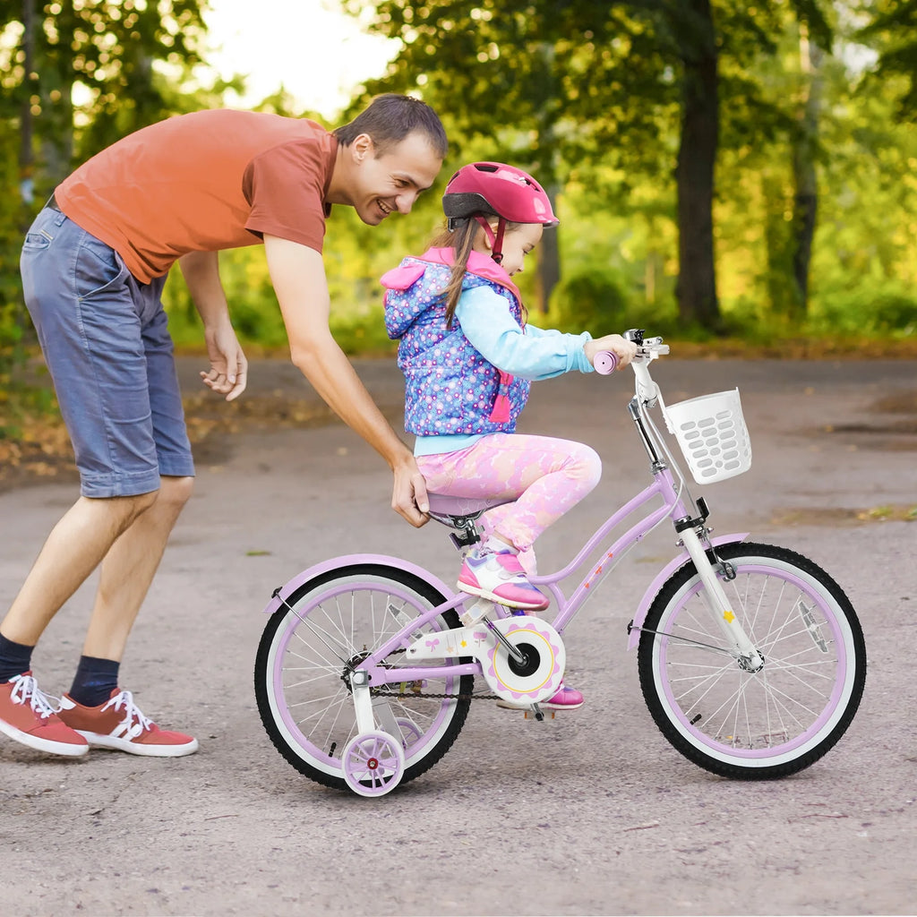 18 Inch Kids Bike with Training Wheels & Basket Purple Z600464