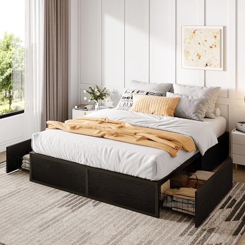 Black Queen Platform Bed Frame with 2 Storage Drawers H69568