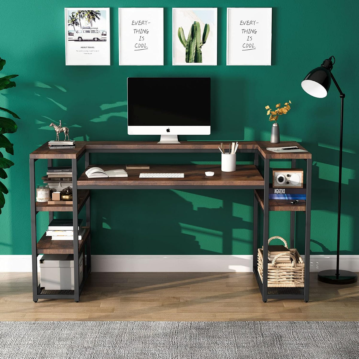 63 inch Computer Desk with Open Storage Shelves, Monitor Shelf & CPU Stand, Rustic Brown Y9491