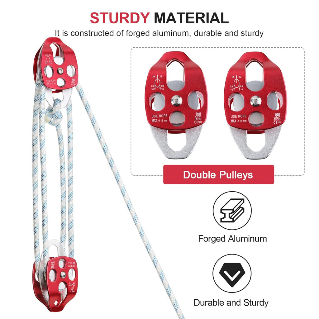 Twin Sheave Block and Tackle with Braid Rope 150Ft 30-35KN Capacity Double Pulley Rigging Rope J7042