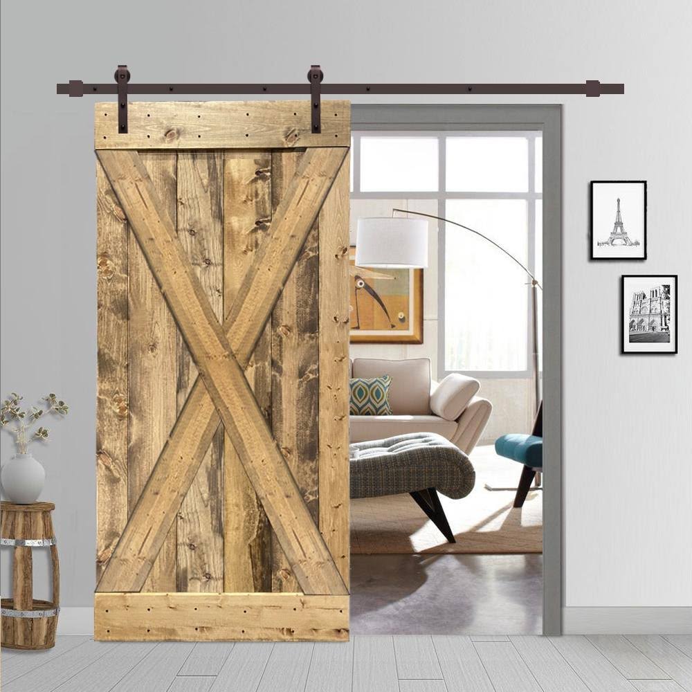 Weather Oak Stained Wood Interior Sliding Barn Door with Hardware Kit V2242