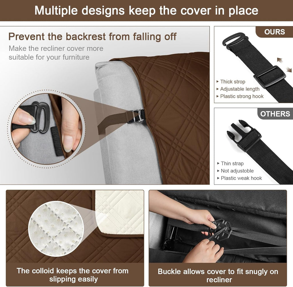 Brown Waterproof Non Slip Recliner Chair Cover with Pocket T861751