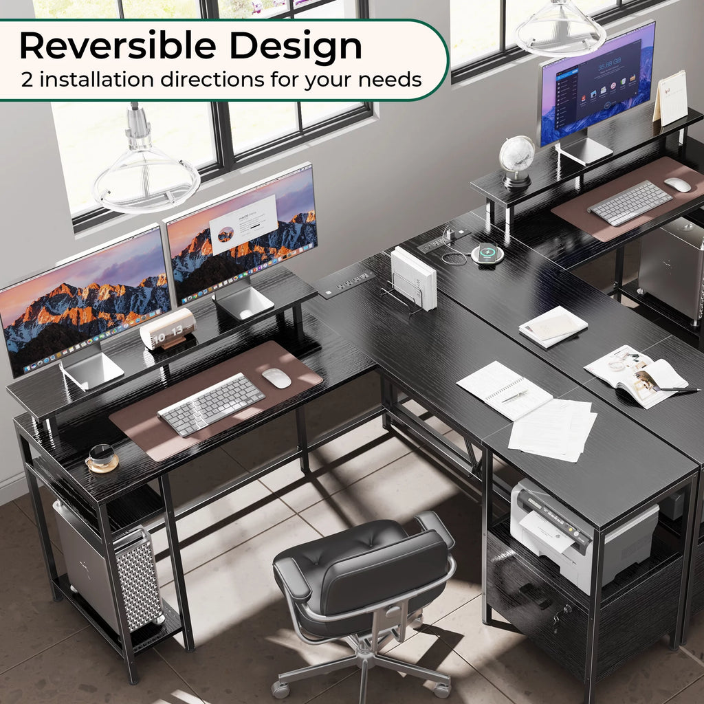 Black L Shaped Desk with Power Outlets & LED Lights C63107