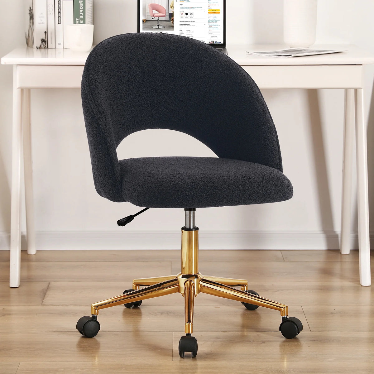 Black Faux Sherpa Upholstered Swivel Home Office Chair P5911