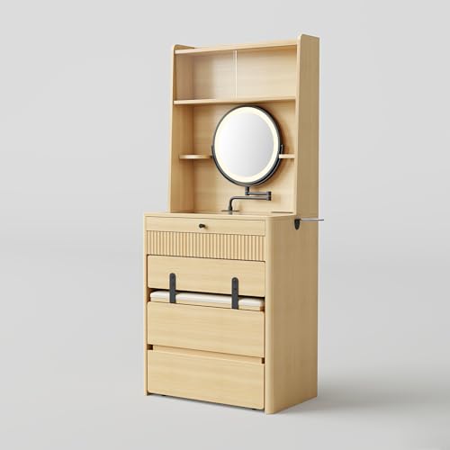 Oak Vanity Desk with Adjustable Mirror and LED Lights E7176