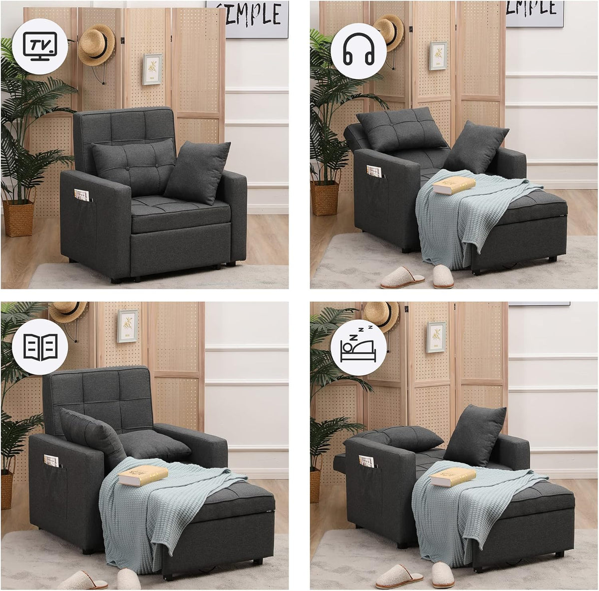 Dark Grey 3-in-1 Folding Sleeper Chair Bed M4200